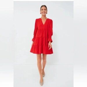 Pomander Place Red Crepe Kenzo Dress Size XL Midi Tiered Swing Boho Ruffle Cuff